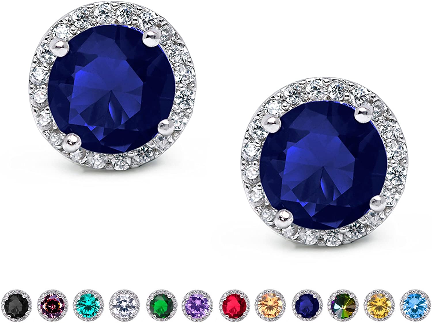 Cubic Zirconia Stud Earrings, 8Mm round Cut, Rhinestone Hypoallergenic Earrings for Women & Girls 06.Sapphire