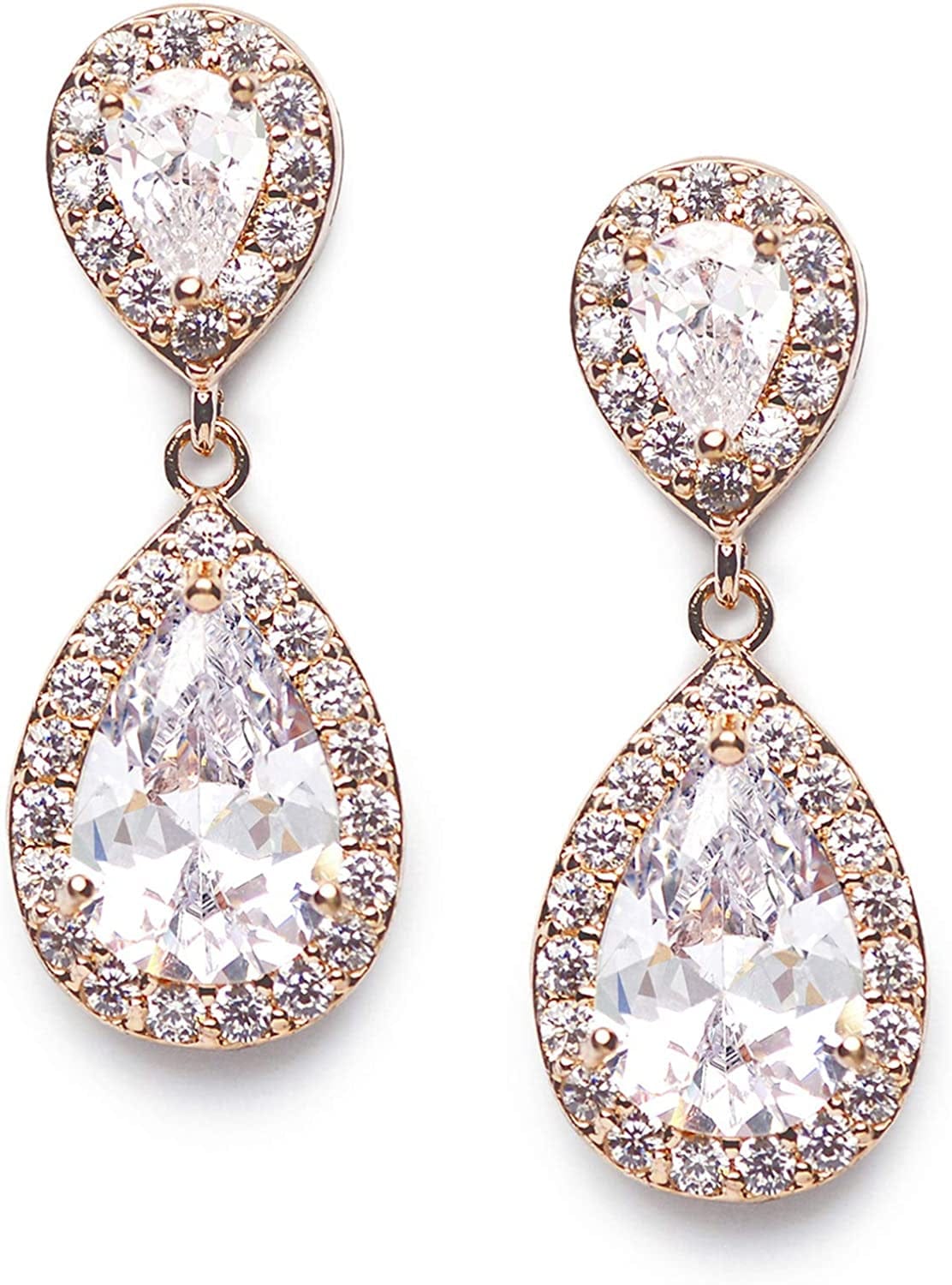 Cubic Zirconia Teardrop Bridal Earrings, Rhinestone Dangle Earrings for Wedding Prom Anniversary Style1-Rose Gold