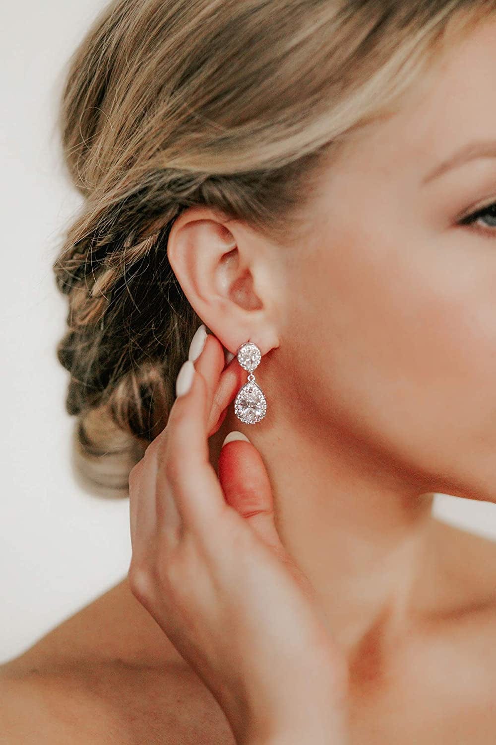 Cubic Zirconia Teardrop Bridal Earrings, Rhinestone Dangle Earrings for Wedding Prom Anniversary