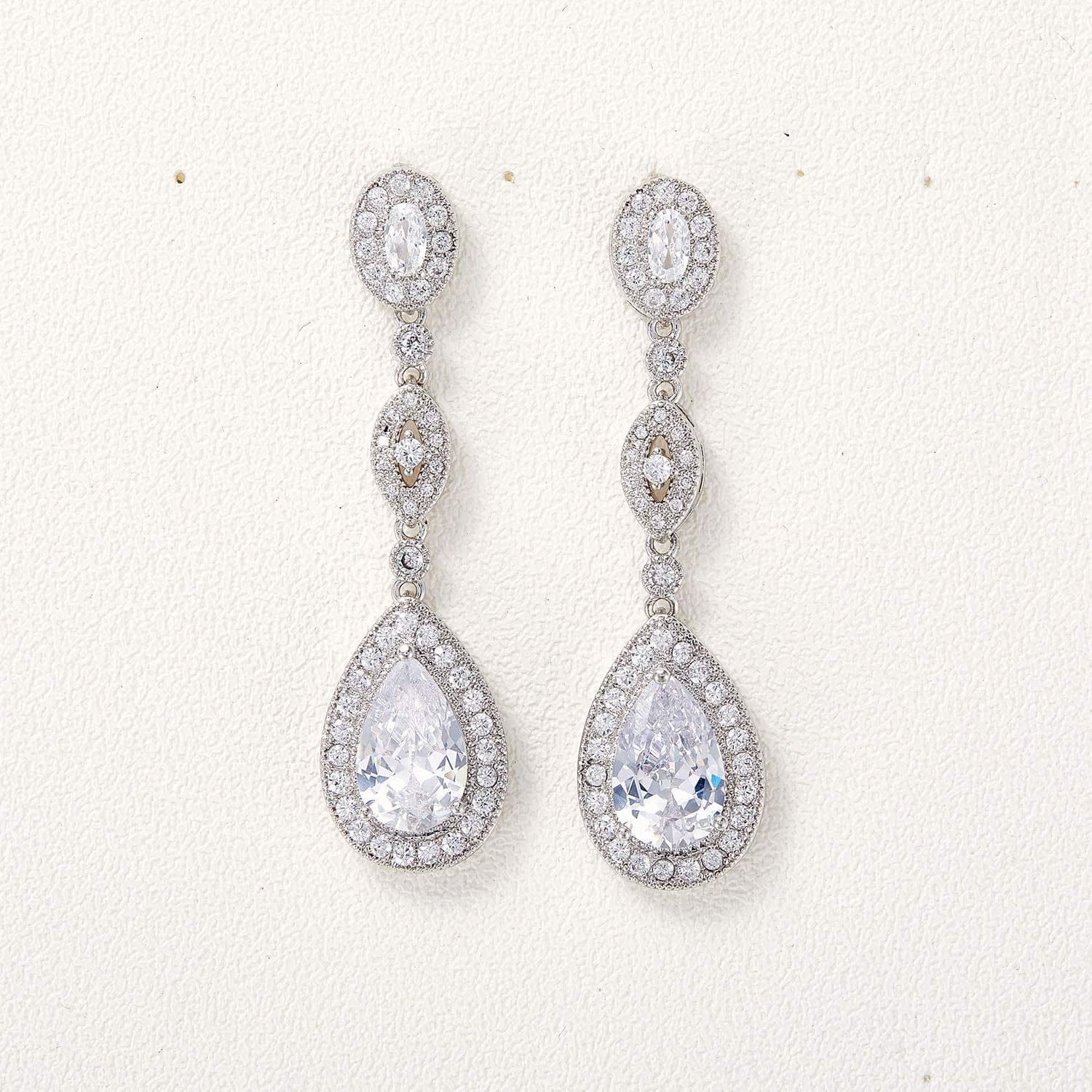 Cubic Zirconia Teardrop Wedding Bridal Earrings for Women,Bridesmaids,Brides - Crystal Rhinestones Dangle Earrings Jewelry