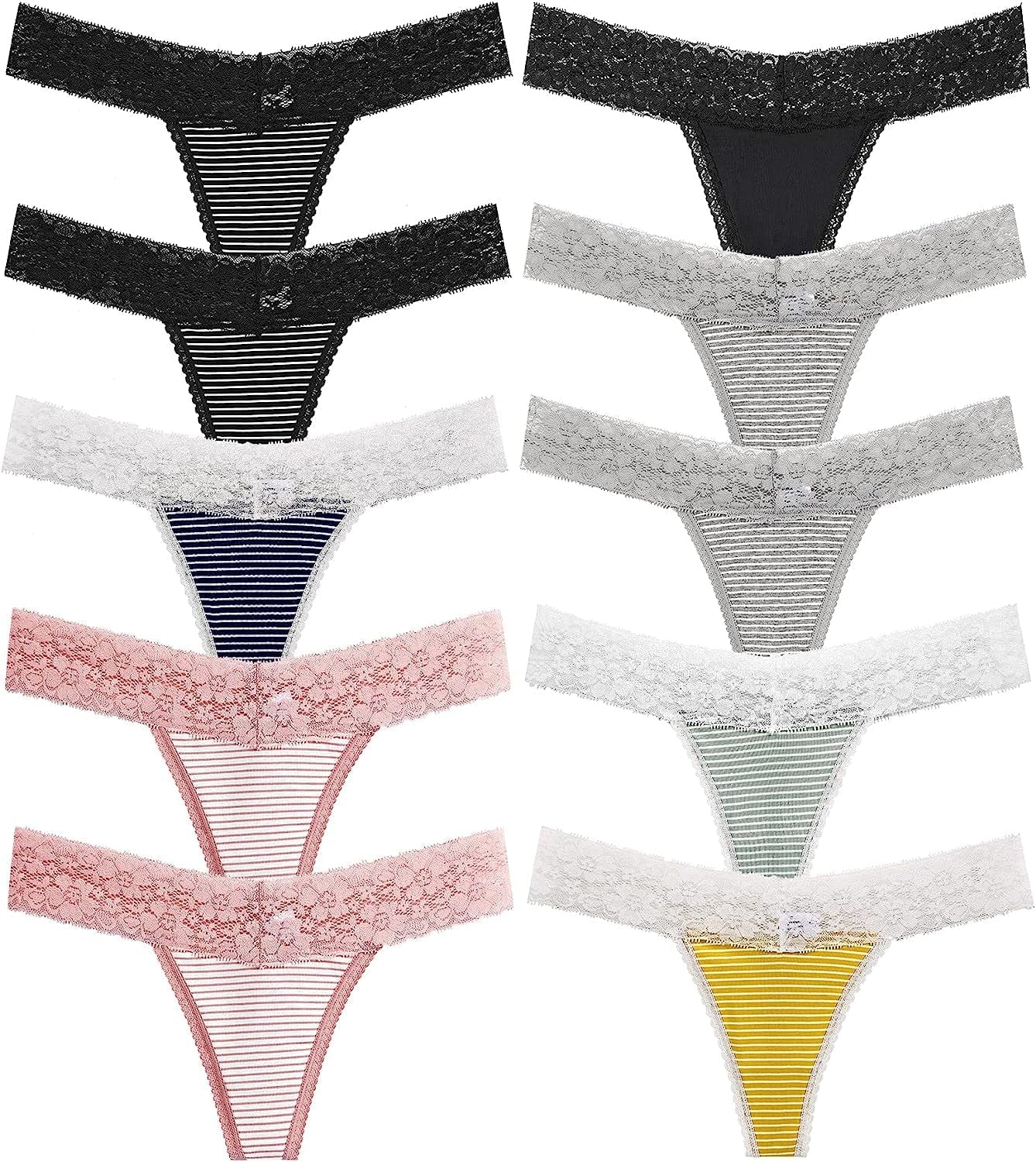 CULAYII Womens Cotton Thong Underwear Pack Lace Sexy Breathable Bikini Panties Soft Stretch T-Back Hollow Out