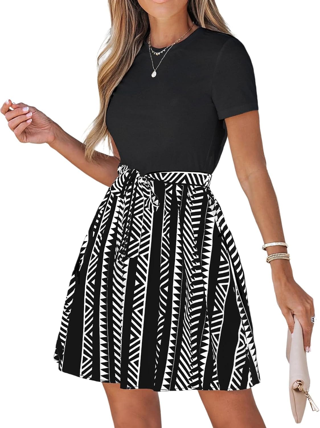 CUPSHE Geo Print Belted Combo Dress Short Sleeves Crew Neck Dresses Casual Summer Black / Medium