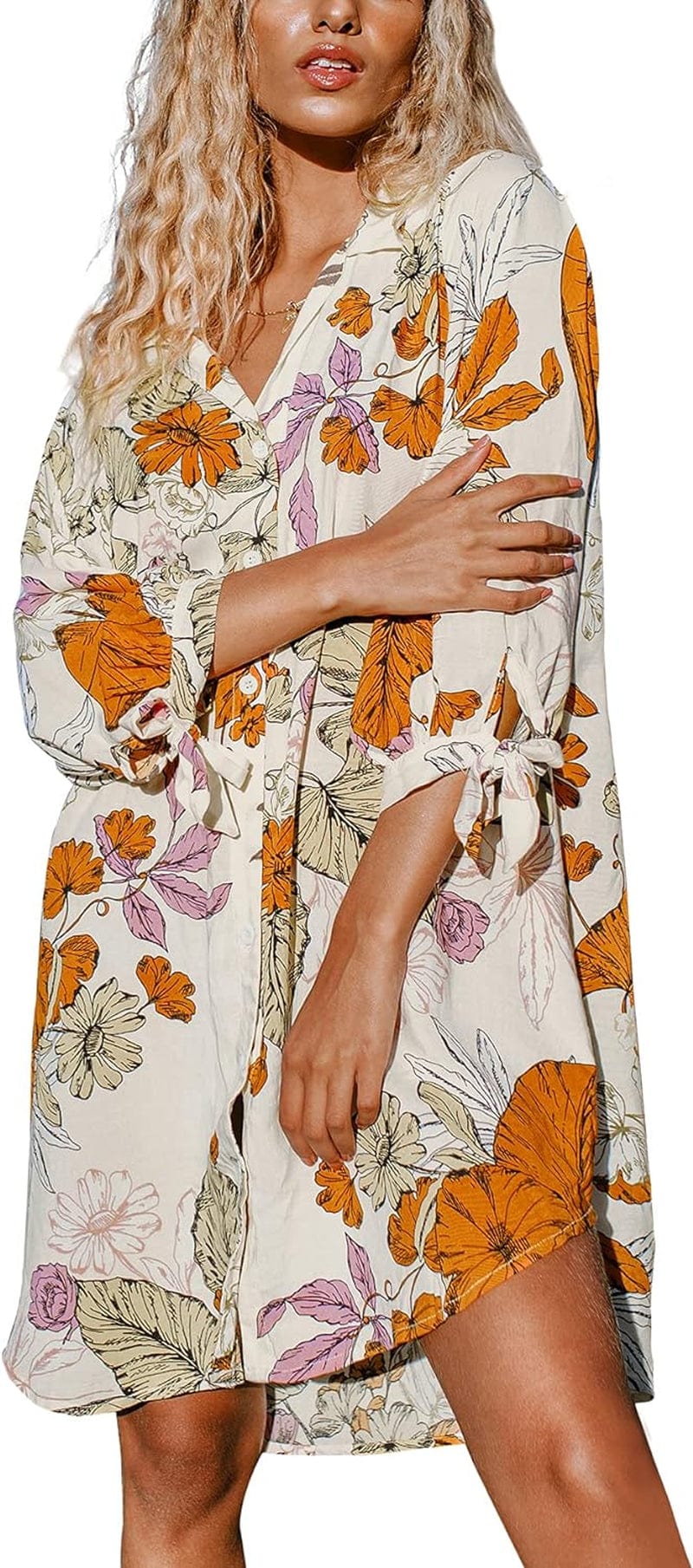 CUPSHE Women Floral Shirt Dress Mini Dress Beach Dress 3/4 Sleeve Button down Midi Length Dress Floral / Medium