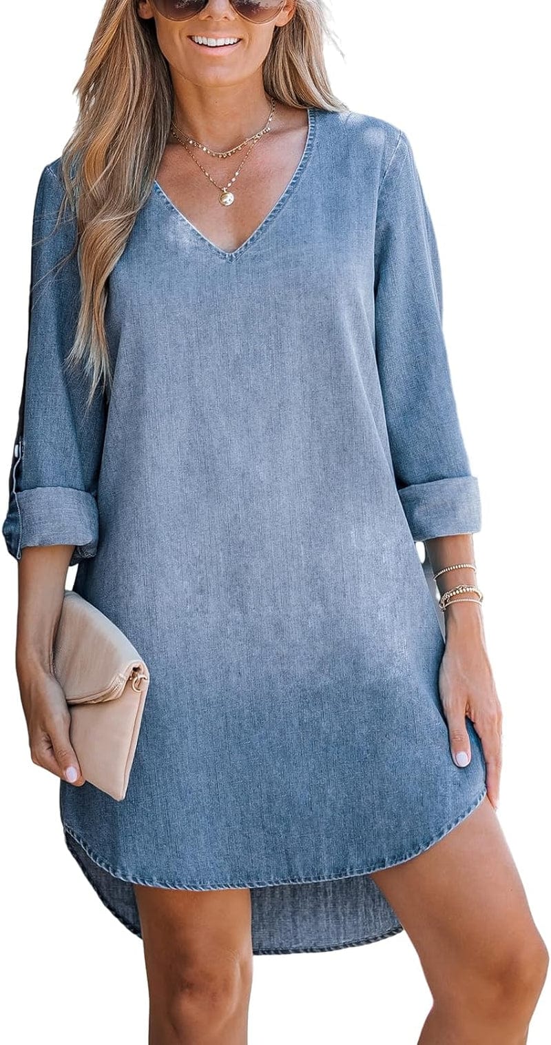CUPSHE Women'S Denim Mini Dress Long Sleeves Dresses V-Neck Dressing Roll-Tab Cuffs Casual Blue / Medium