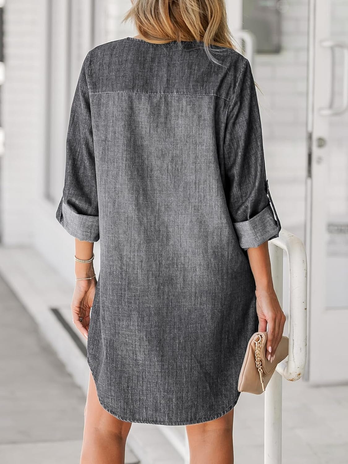 CUPSHE Women'S Denim Mini Dress Long Sleeves Dresses V-Neck Dressing Roll-Tab Cuffs Casual