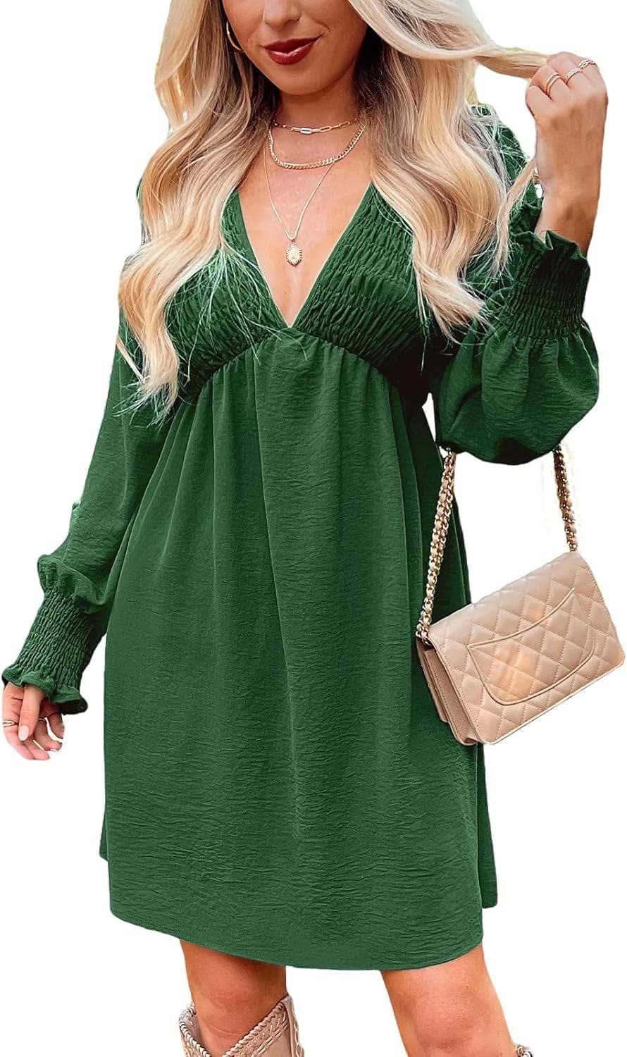 CUPSHE Women'S Mini Dress Smocked V Neck Long Sleeve Empire Waist Casual a Line Dress Green / Medium