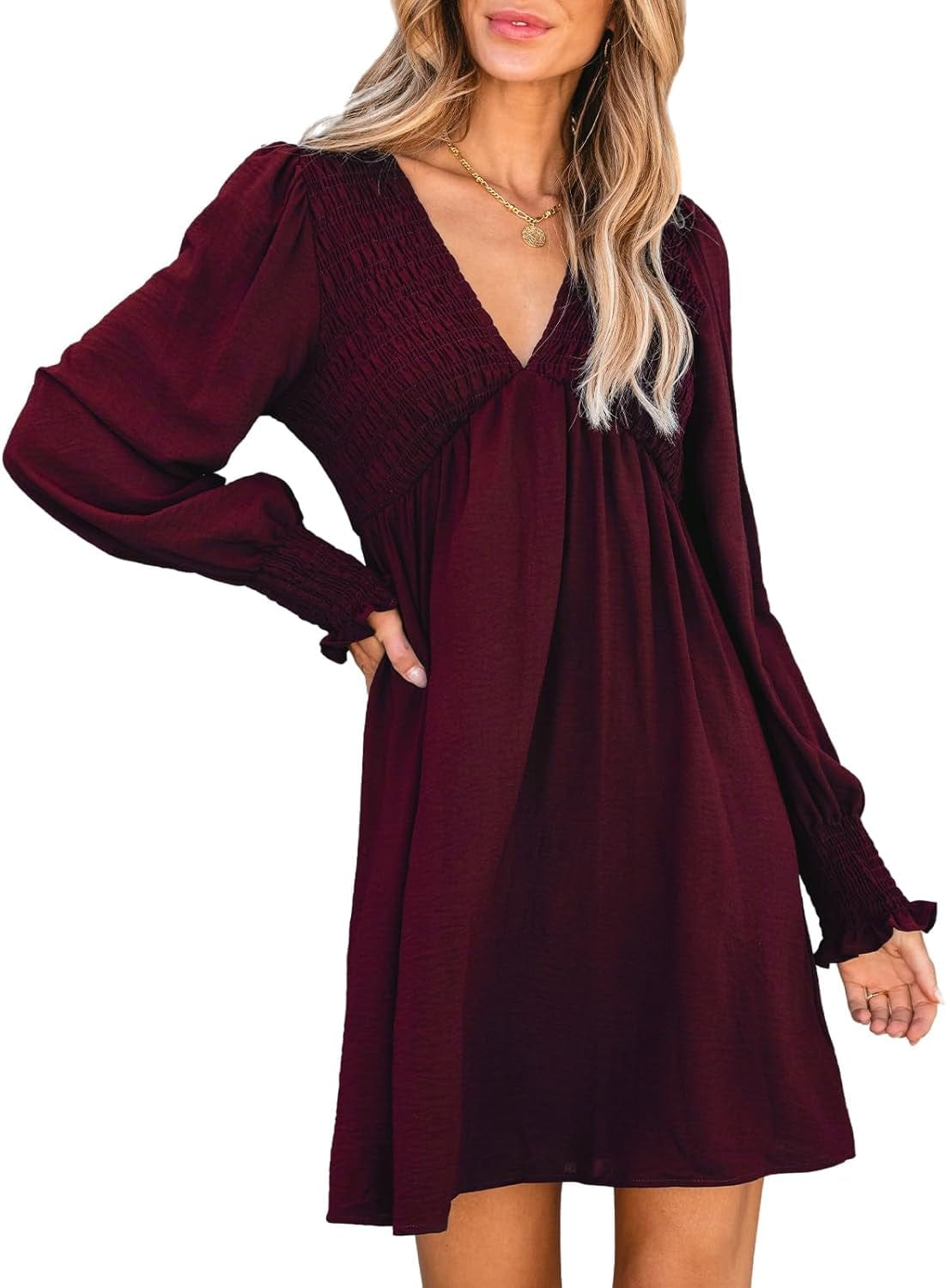 CUPSHE Women'S Mini Dress Smocked V Neck Long Sleeve Empire Waist Casual a Line Dress Burgundy / Large
