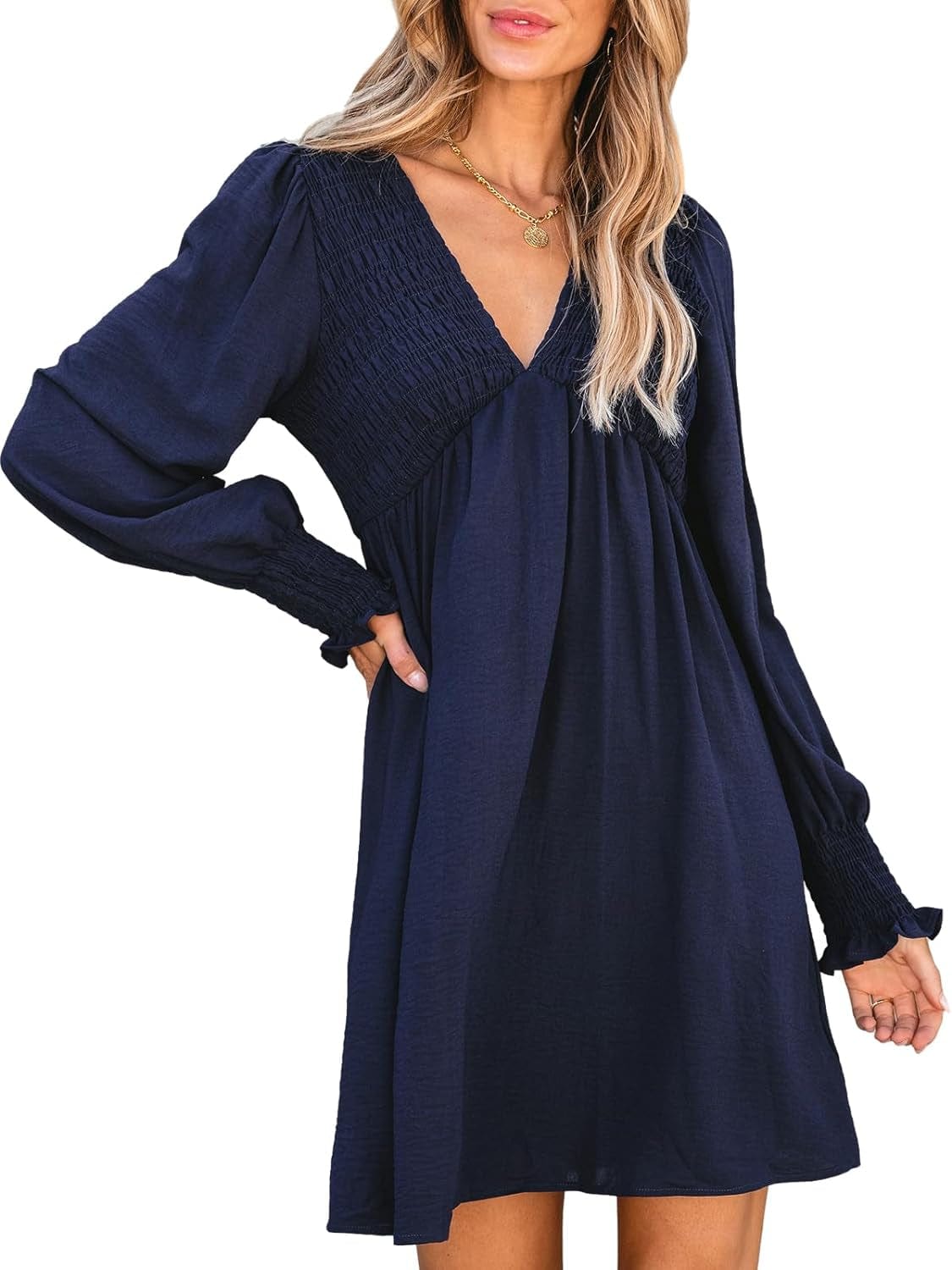 CUPSHE Women'S Mini Dress Smocked V Neck Long Sleeve Empire Waist Casual a Line Dress Navy Blue / Large
