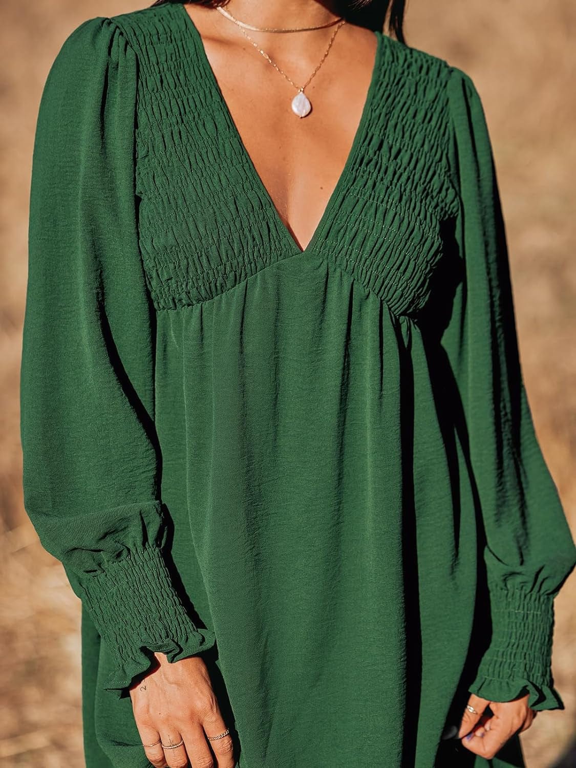CUPSHE Women'S Mini Dress Smocked V Neck Long Sleeve Empire Waist Casual a Line Dress