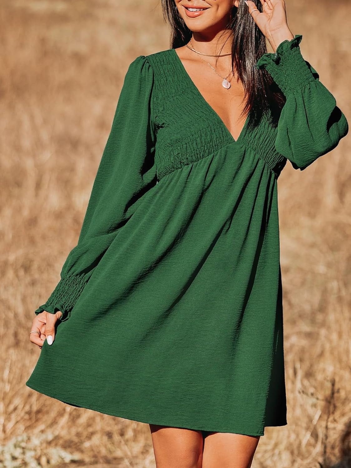 CUPSHE Women'S Mini Dress Smocked V Neck Long Sleeve Empire Waist Casual a Line Dress