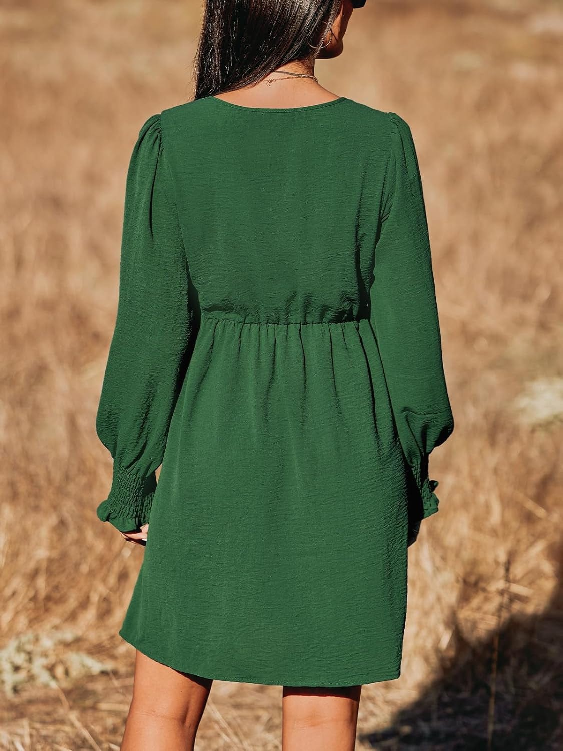 CUPSHE Women'S Mini Dress Smocked V Neck Long Sleeve Empire Waist Casual a Line Dress