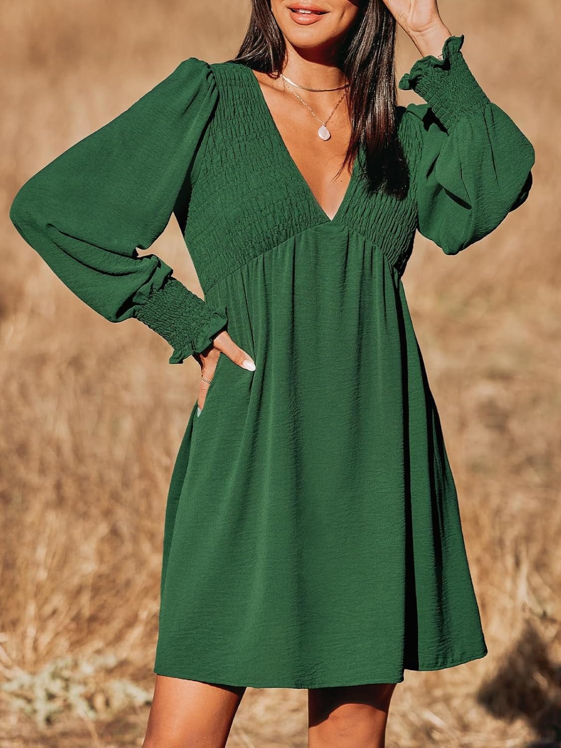 CUPSHE Women'S Mini Dress Smocked V Neck Long Sleeve Empire Waist Casual a Line Dress