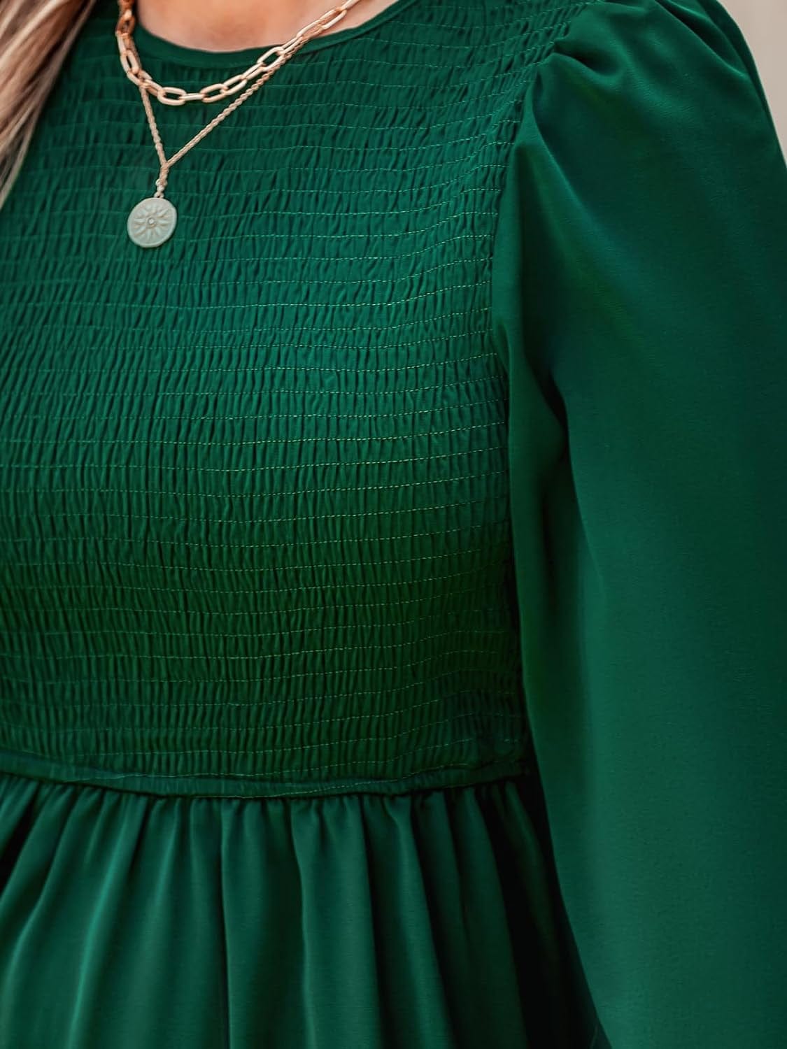 CUPSHE Women'S round Neck Emerald Green Smocked Long Sleeve Mini Dress Ruffled Hem Casual a Line Short Dress