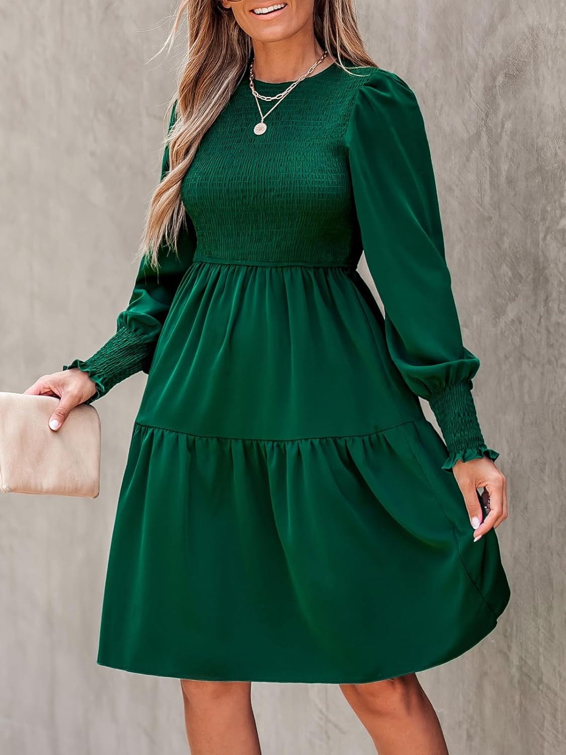 CUPSHE Women'S round Neck Emerald Green Smocked Long Sleeve Mini Dress Ruffled Hem Casual a Line Short Dress