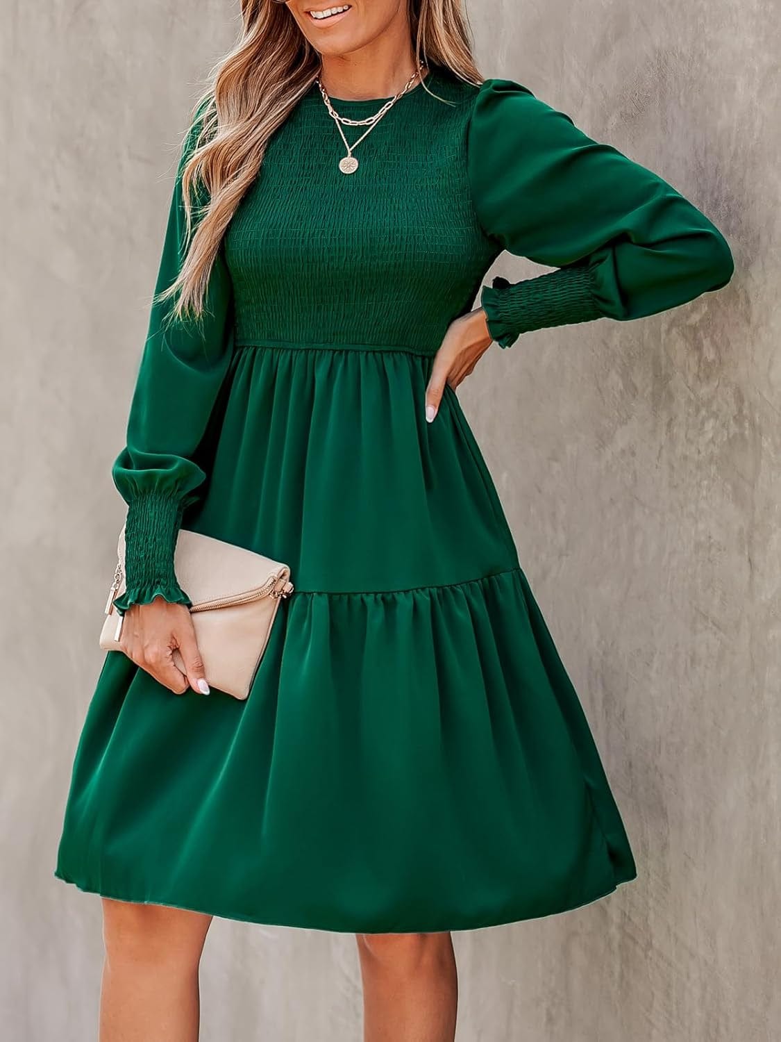 CUPSHE Women'S round Neck Emerald Green Smocked Long Sleeve Mini Dress Ruffled Hem Casual a Line Short Dress
