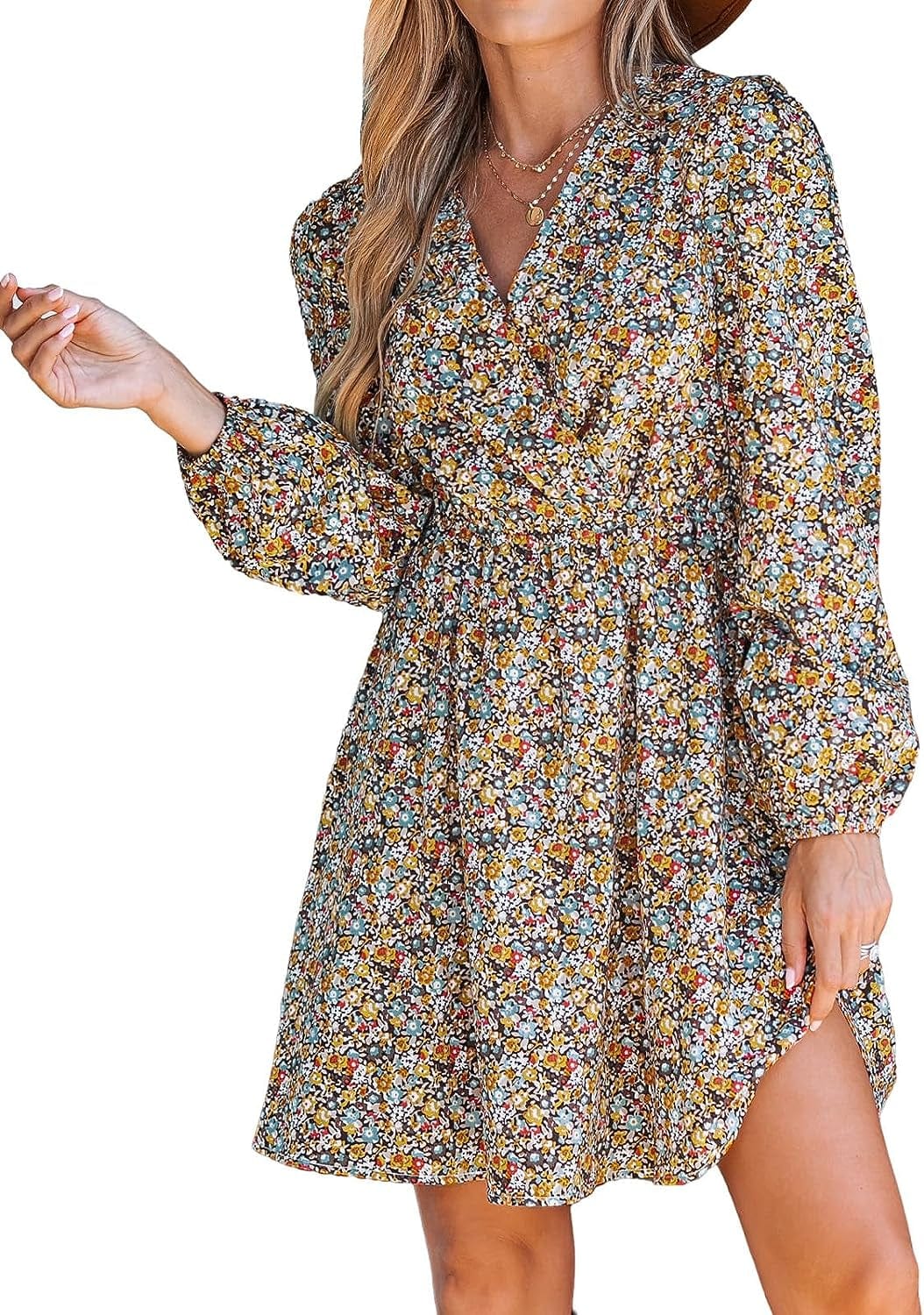 CUPSHE Womens V Neck Floral Mini Dress Long Sleeve a Line Surplice Yellow Floral / X-Small