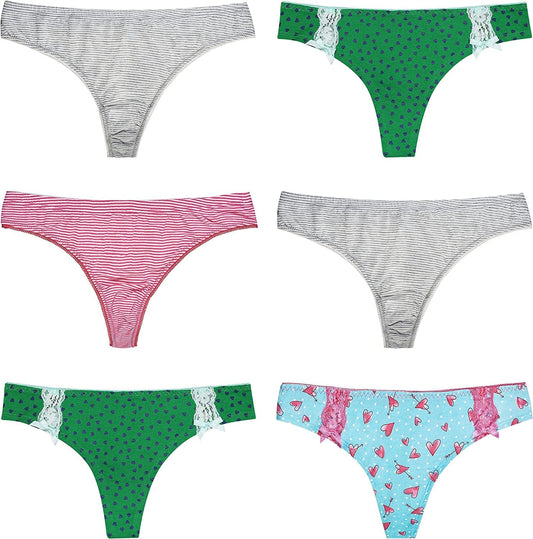 Curve Muse Sexy Lace Thongs Pack of 6 Assorted Colors V-G Strings Womens Panties Ct011-pack E(6 Pack) / Small