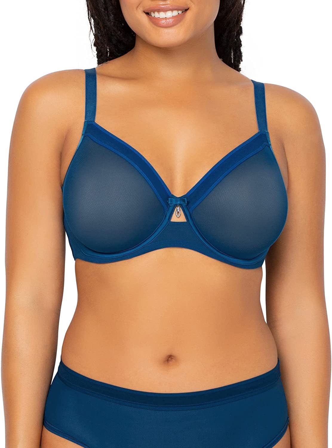 Curvy Couture Women'S Sheer Mesh Full Coverage Unlined Underwire, Sexy Supportive plus Size, See-Through Bras Blue Sapphire / 46D