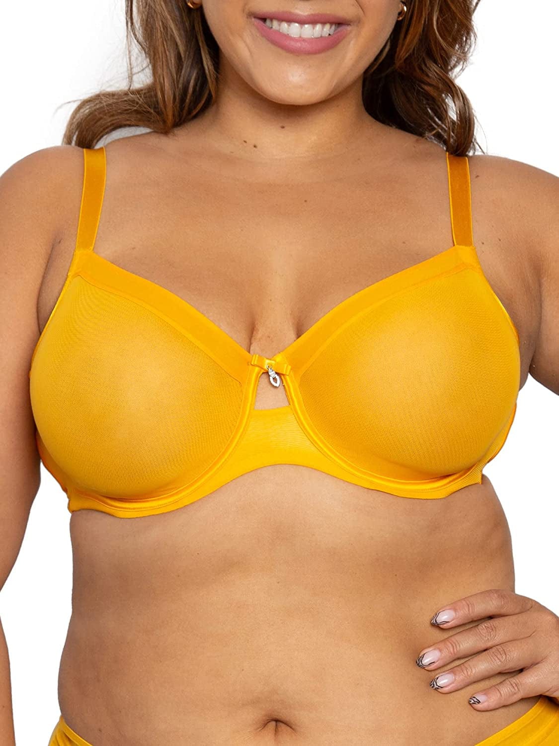 Curvy Couture Women'S Sheer Mesh Full Coverage Unlined Underwire, Sexy Supportive plus Size, See-Through Bras Saffron / 44C