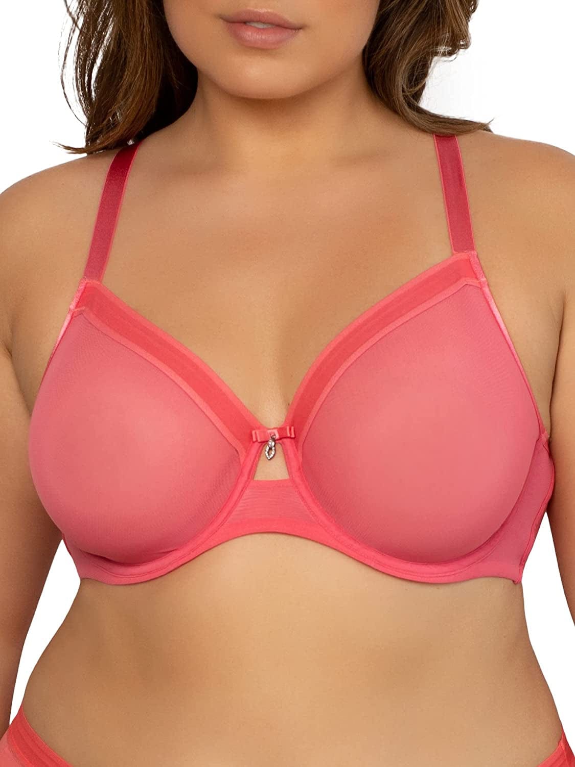 Curvy Couture Women'S Sheer Mesh Full Coverage Unlined Underwire, Sexy Supportive plus Size, See-Through Bras Sun Kissed Coral / 42DD