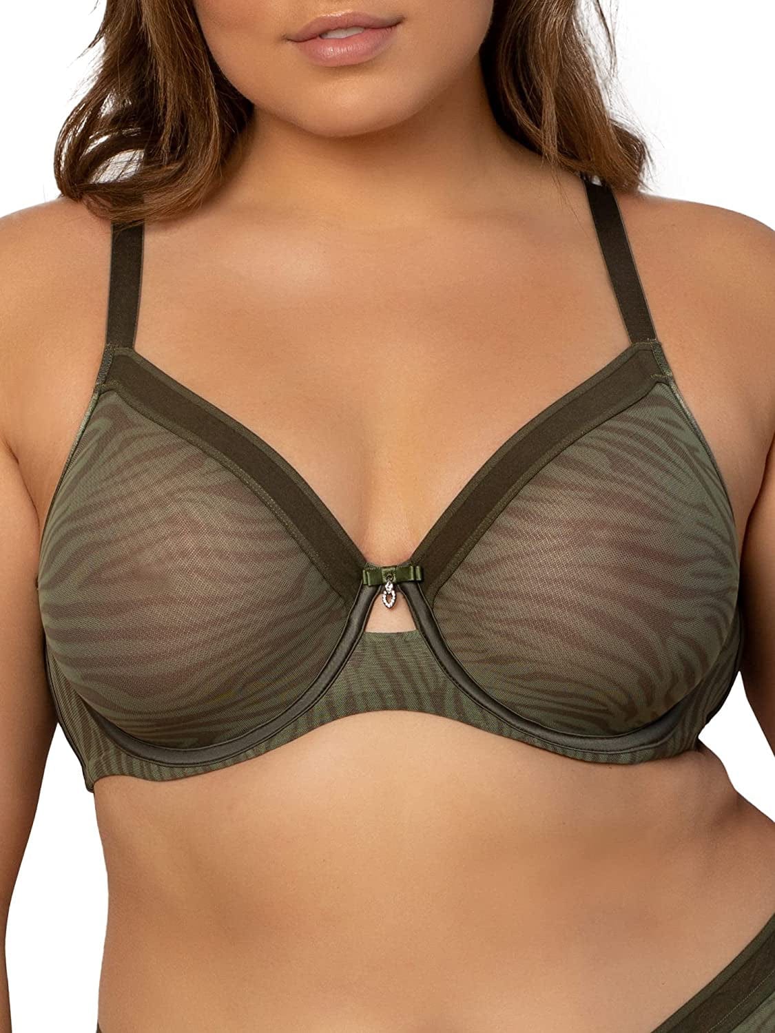 Curvy Couture Women'S Sheer Mesh Full Coverage Unlined Underwire, Sexy Supportive plus Size, See-Through Bras Olive Waves / 42DD