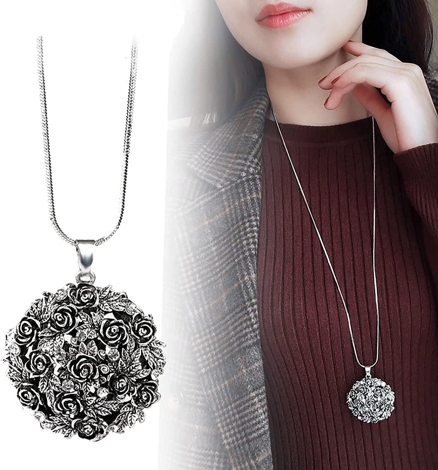 Custom Picture Necklace,Rhinestone Black Rose Pendant Long Necklace Women'S Sweater Chain Personalized Necklace Necklace Elegant Jewelry Crystal Accessories