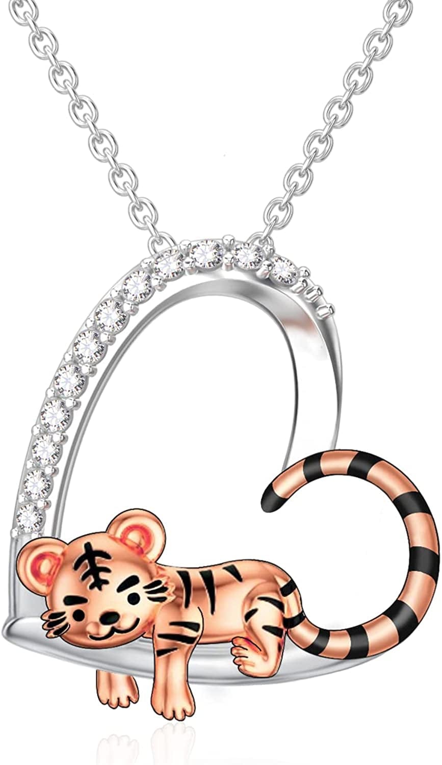 Cute Animal Necklace S925 Sterling Silver Hamster/Tiger/Fox Pendant Necklace Animal Jewelry Gifts for Women Girls Teen heart tiger