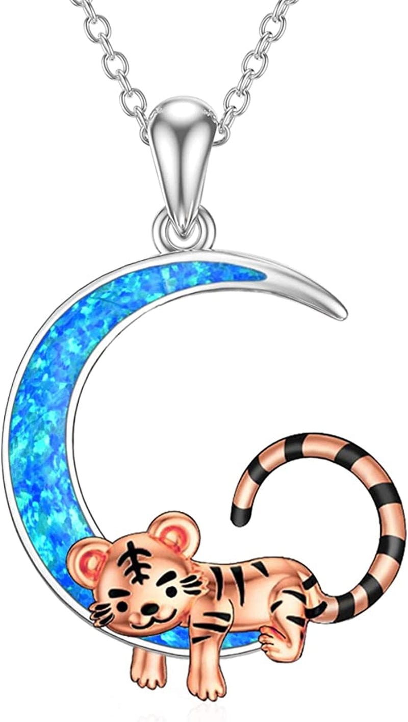 Cute Animal Necklace S925 Sterling Silver Hamster/Tiger/Fox Pendant Necklace Animal Jewelry Gifts for Women Girls Teen opal moon tiger