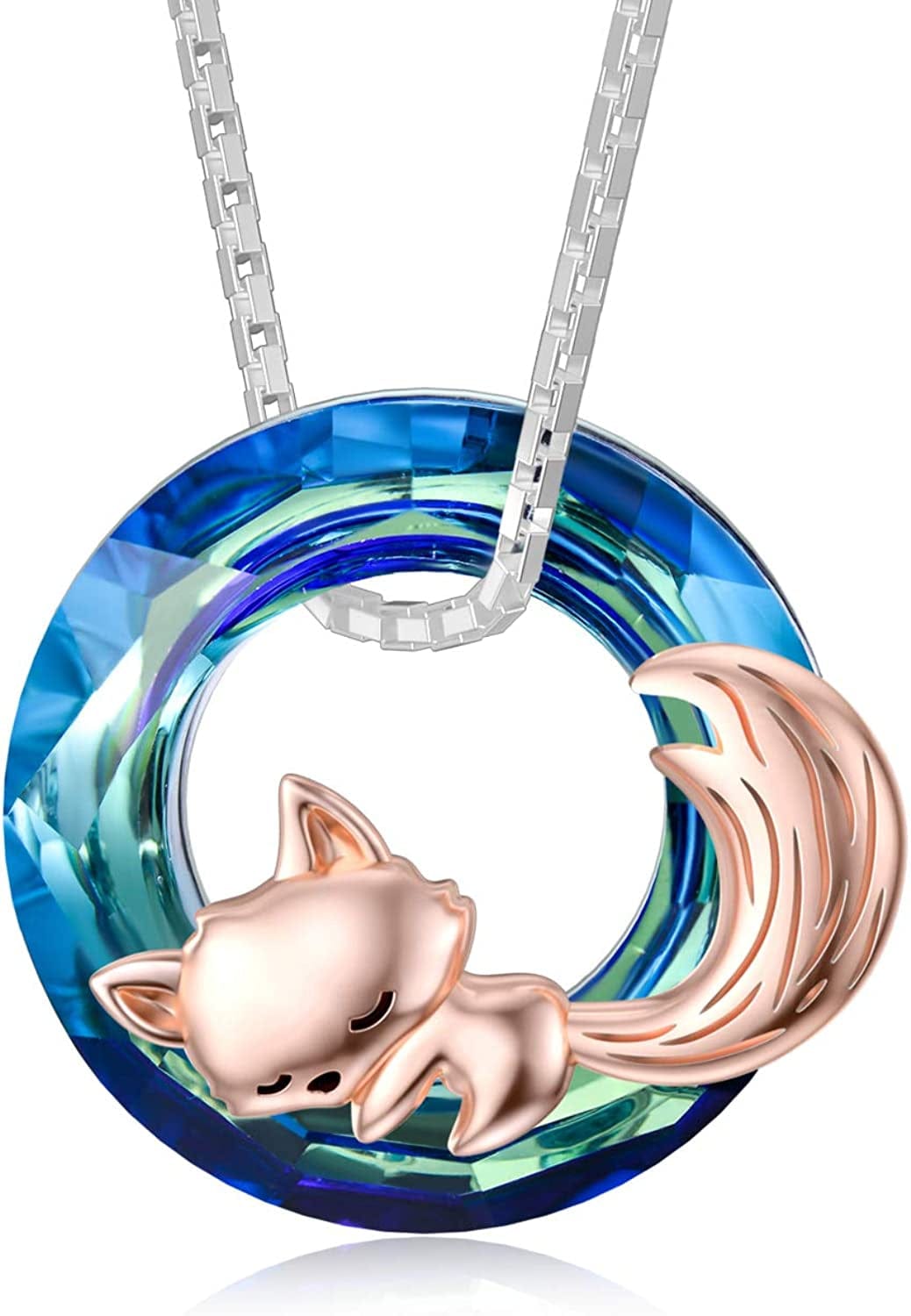 Cute Animal Necklace S925 Sterling Silver Hamster/Tiger/Fox Pendant Necklace Animal Jewelry Gifts for Women Girls Teen blue crystal fox