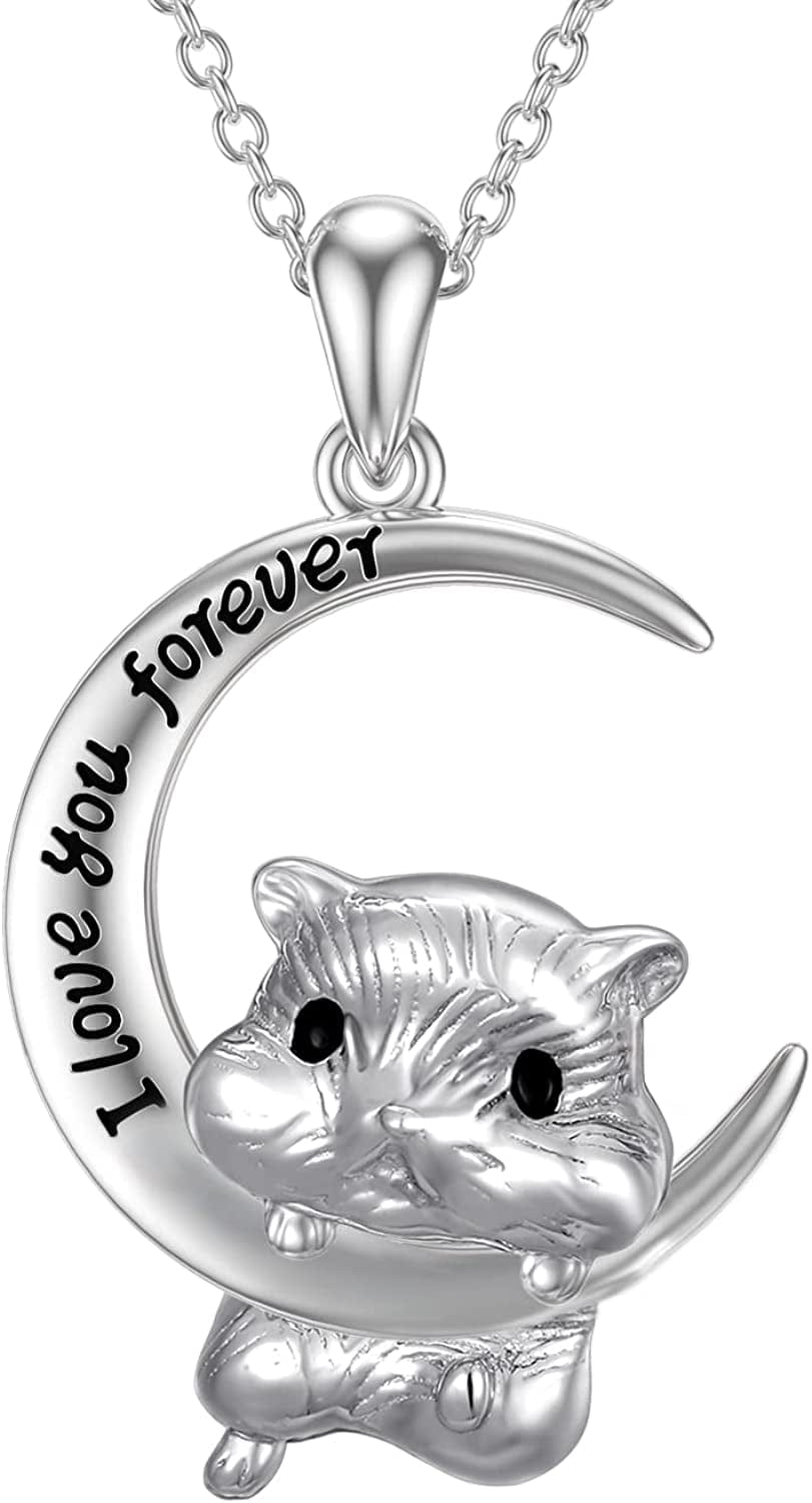 Cute Animal Necklace S925 Sterling Silver Hamster/Tiger/Fox Pendant Necklace Animal Jewelry Gifts for Women Girls Teen moon hamster