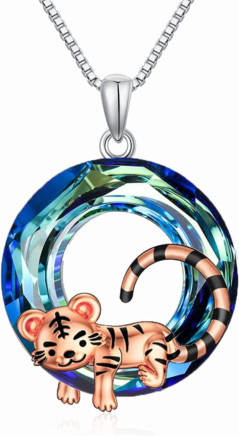Cute Animal Necklace S925 Sterling Silver Hamster/Tiger/Fox Pendant Necklace Animal Jewelry Gifts for Women Girls Teen crystal tiger