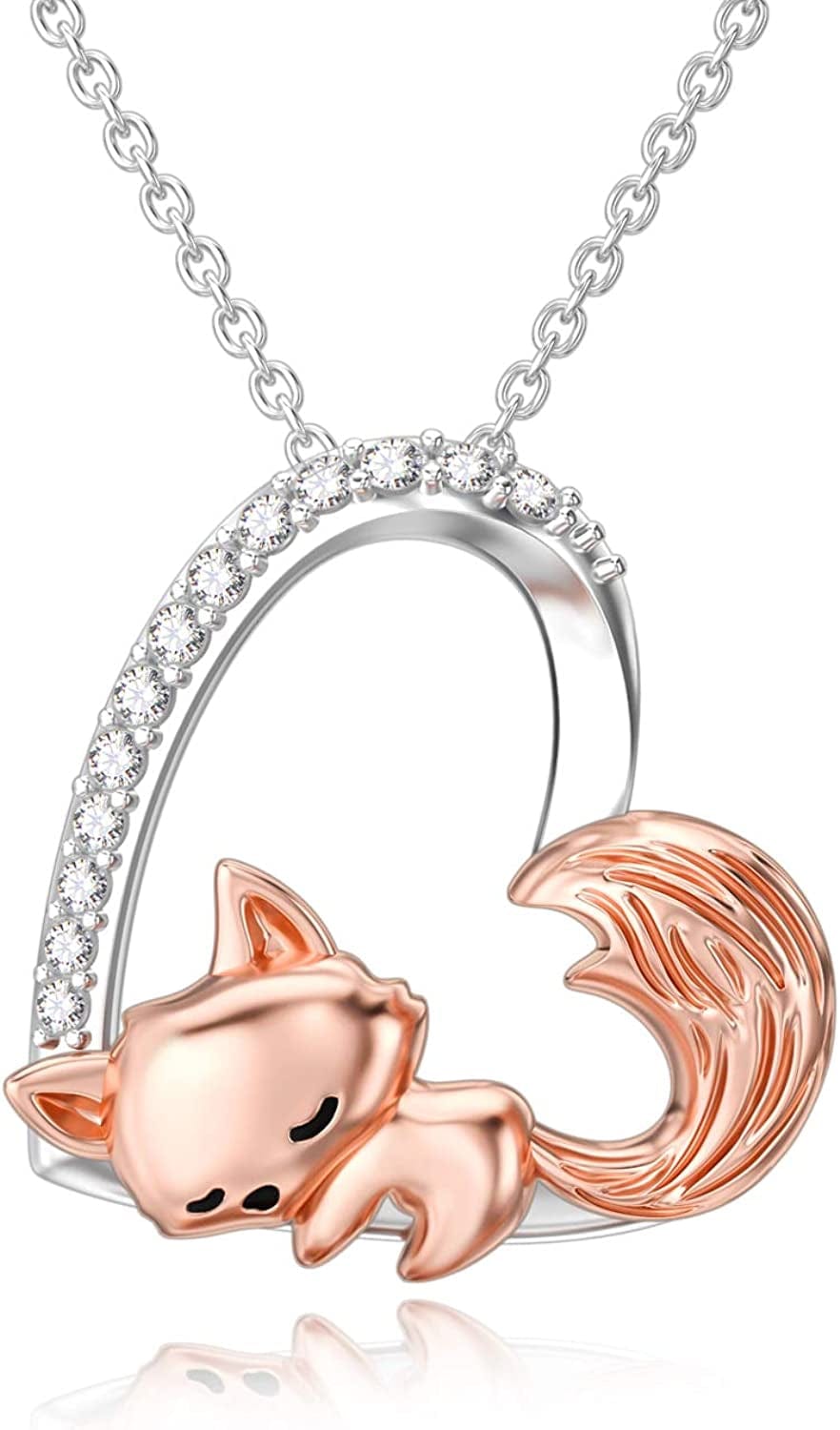 Cute Animal Necklace S925 Sterling Silver Hamster/Tiger/Fox Pendant Necklace Animal Jewelry Gifts for Women Girls Teen heart fox