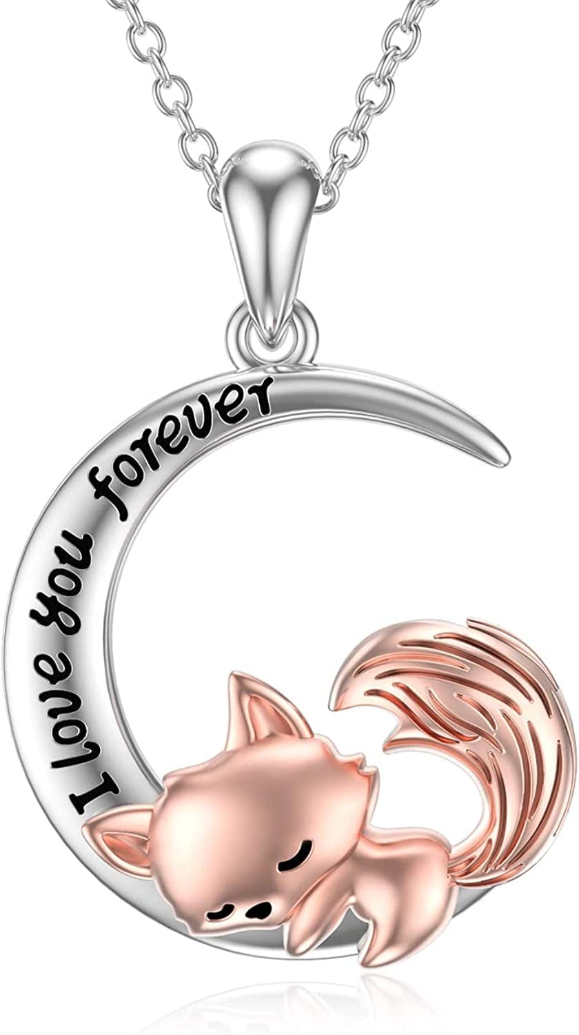 Cute Animal Necklace S925 Sterling Silver Hamster/Tiger/Fox Pendant Necklace Animal Jewelry Gifts for Women Girls Teen moon fox