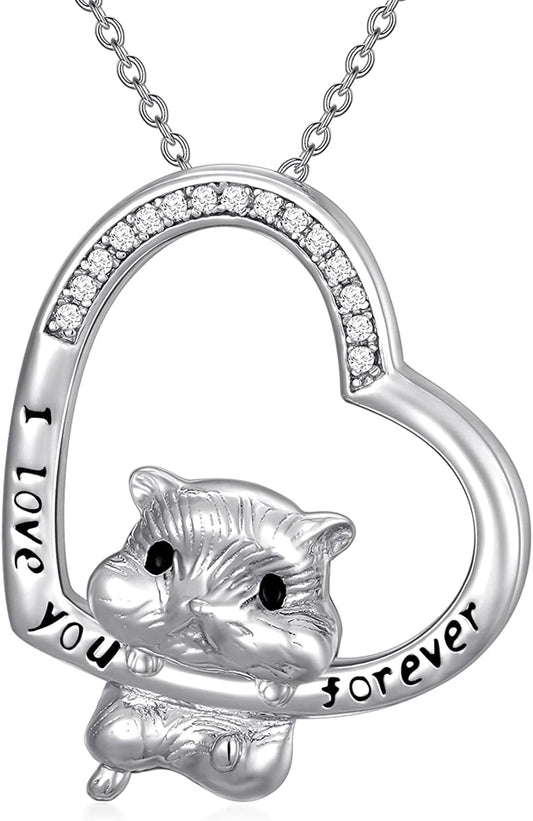 Cute Animal Necklace S925 Sterling Silver Hamster/Tiger/Fox Pendant Necklace Animal Jewelry Gifts for Women Girls Teen heart hamster