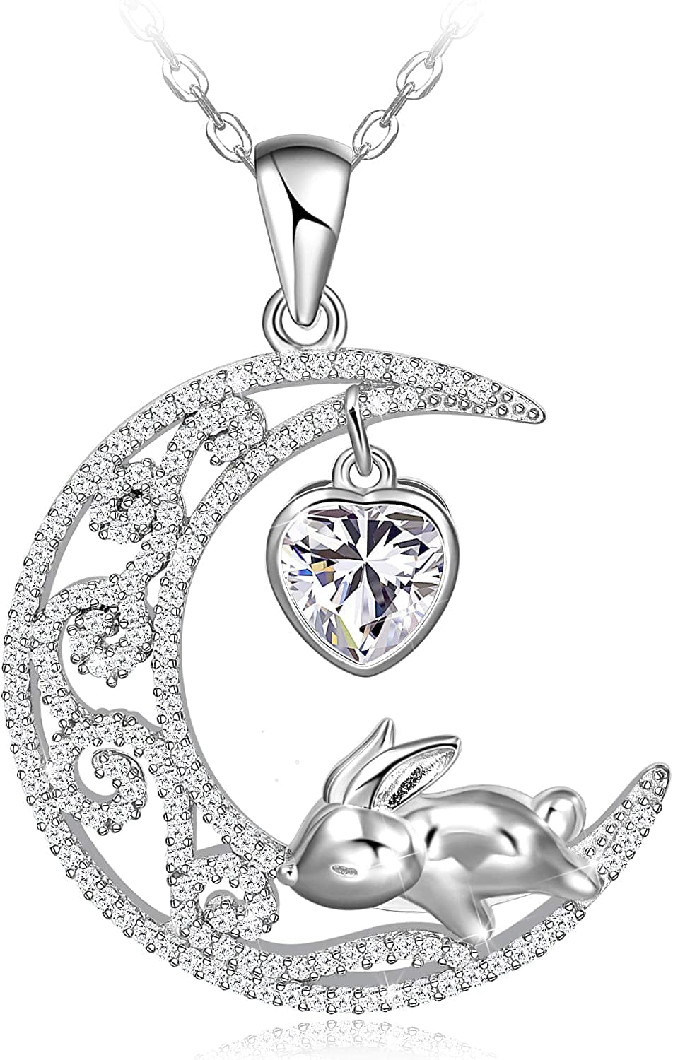 Cute Bunny Moon Necklace for Women Grils 925 Sterling Silver Rabbit Pendant Jewelry Gift for Christmas Valentines Anniversary Birthday Bunny On The Moon
