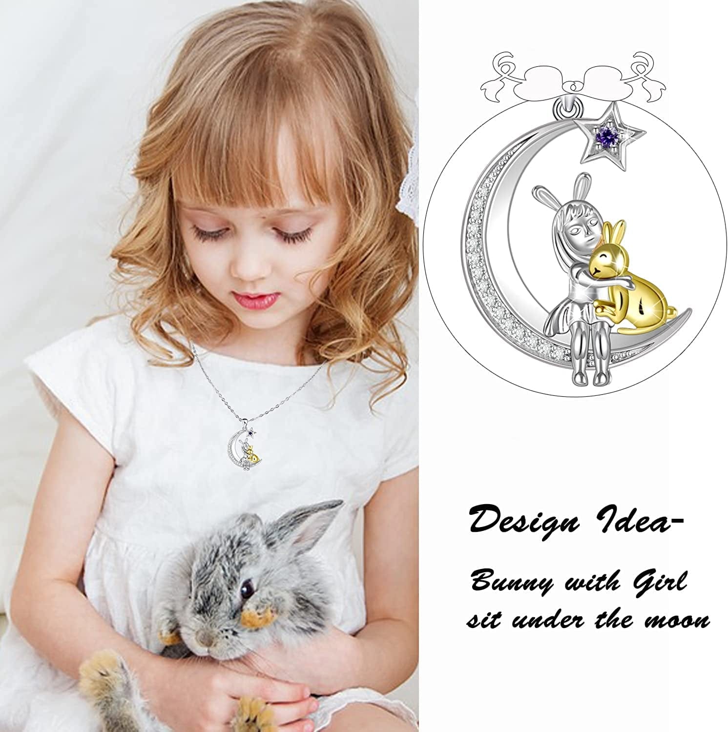 Cute Bunny Moon Necklace for Women Grils 925 Sterling Silver Rabbit Pendant Jewelry Gift for Christmas Valentines Anniversary Birthday