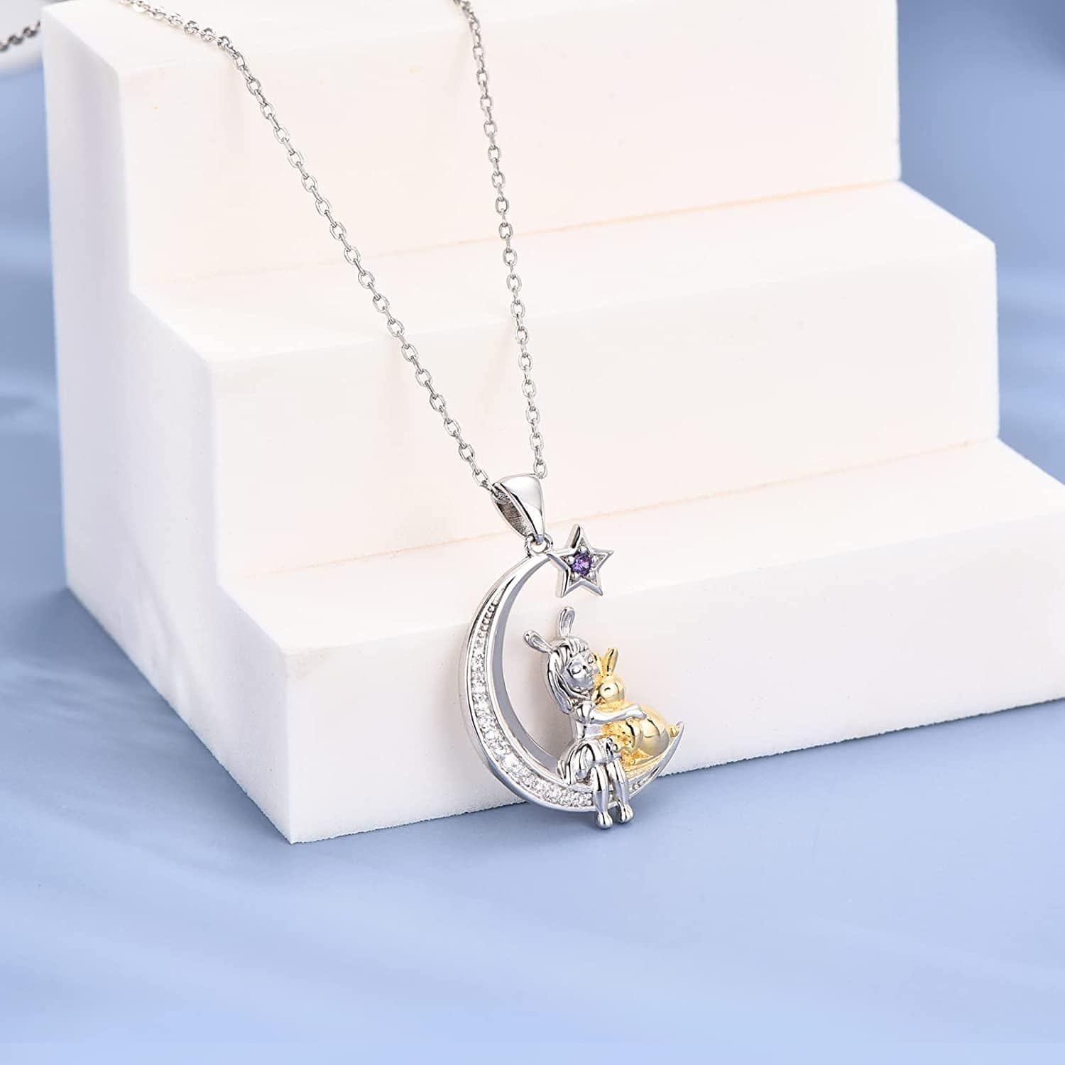 Cute Bunny Moon Necklace for Women Grils 925 Sterling Silver Rabbit Pendant Jewelry Gift for Christmas Valentines Anniversary Birthday