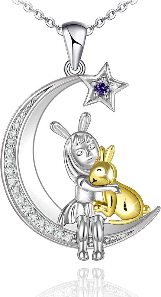 Cute Bunny Moon Necklace for Women Grils 925 Sterling Silver Rabbit Pendant Jewelry Gift for Christmas Valentines Anniversary Birthday Bunny With Girl