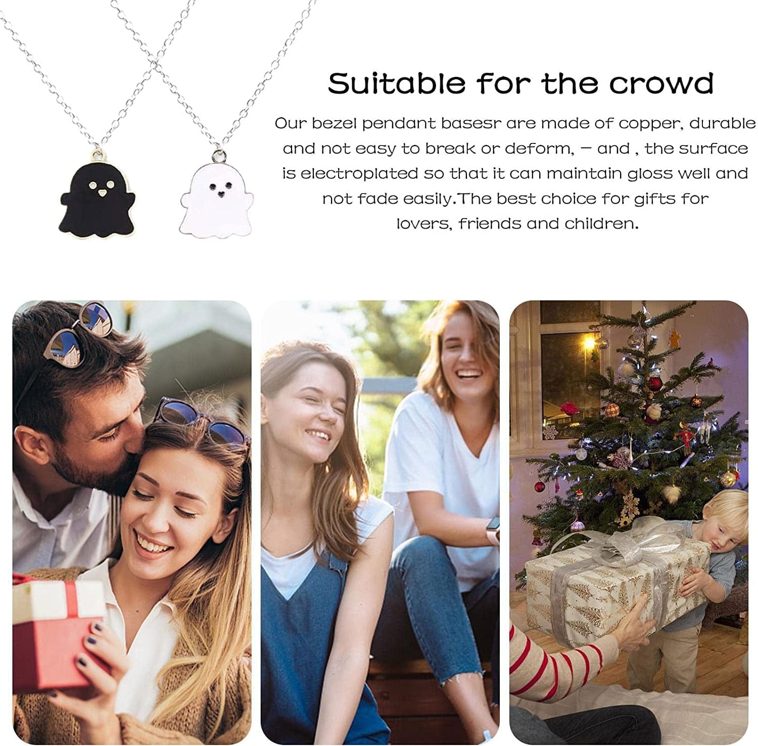 Cute Cartoon Ghost Friendship Couple Pendant Necklaces, Black and White Ghost Necklaces Couples Friendship for Best Friend Lovely Women Necklaces Jewelry