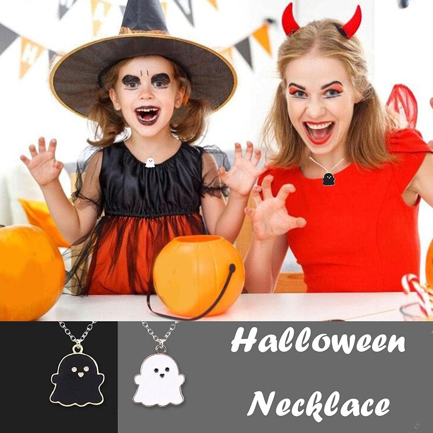 Cute Cartoon Ghost Friendship Couple Pendant Necklaces, Black and White Ghost Necklaces Couples Friendship for Best Friend Lovely Women Necklaces Jewelry