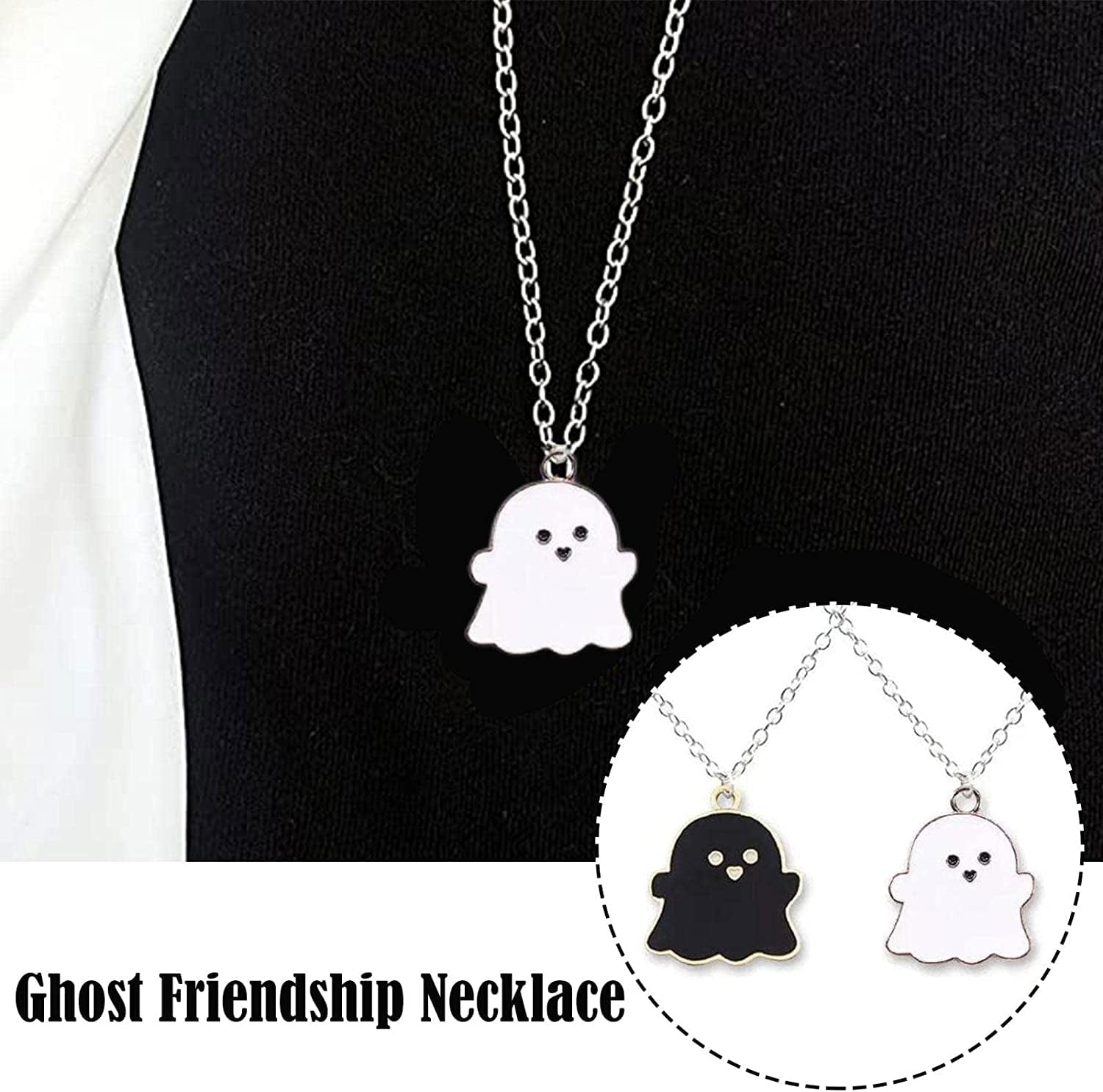 Cute Cartoon Ghost Friendship Couple Pendant Necklaces, Black and White Ghost Necklaces Couples Friendship for Best Friend Lovely Women Necklaces Jewelry