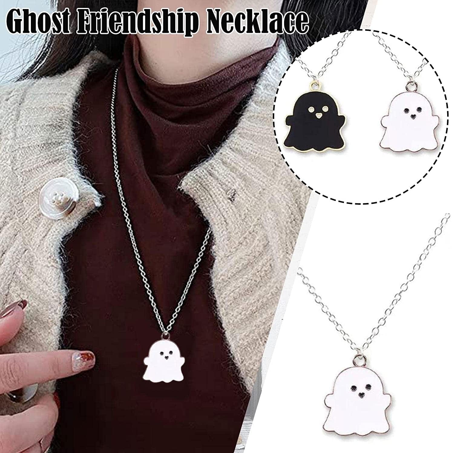 Cute Cartoon Ghost Friendship Couple Pendant Necklaces, Black and White Ghost Necklaces Couples Friendship for Best Friend Lovely Women Necklaces Jewelry