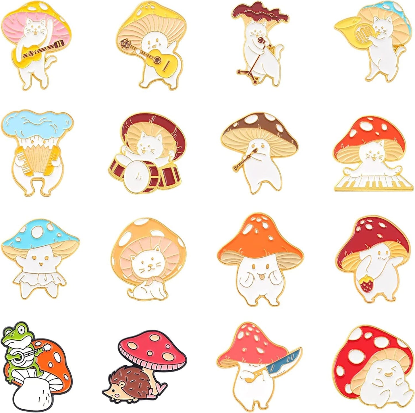 Cute Enamel Brooch Pins Sets Cartoon Mushroom Brooches Cat Frog Hedgehog Animal Plant Brooch Pin for Backpack Clothes DIY Party Decoration 16PCS