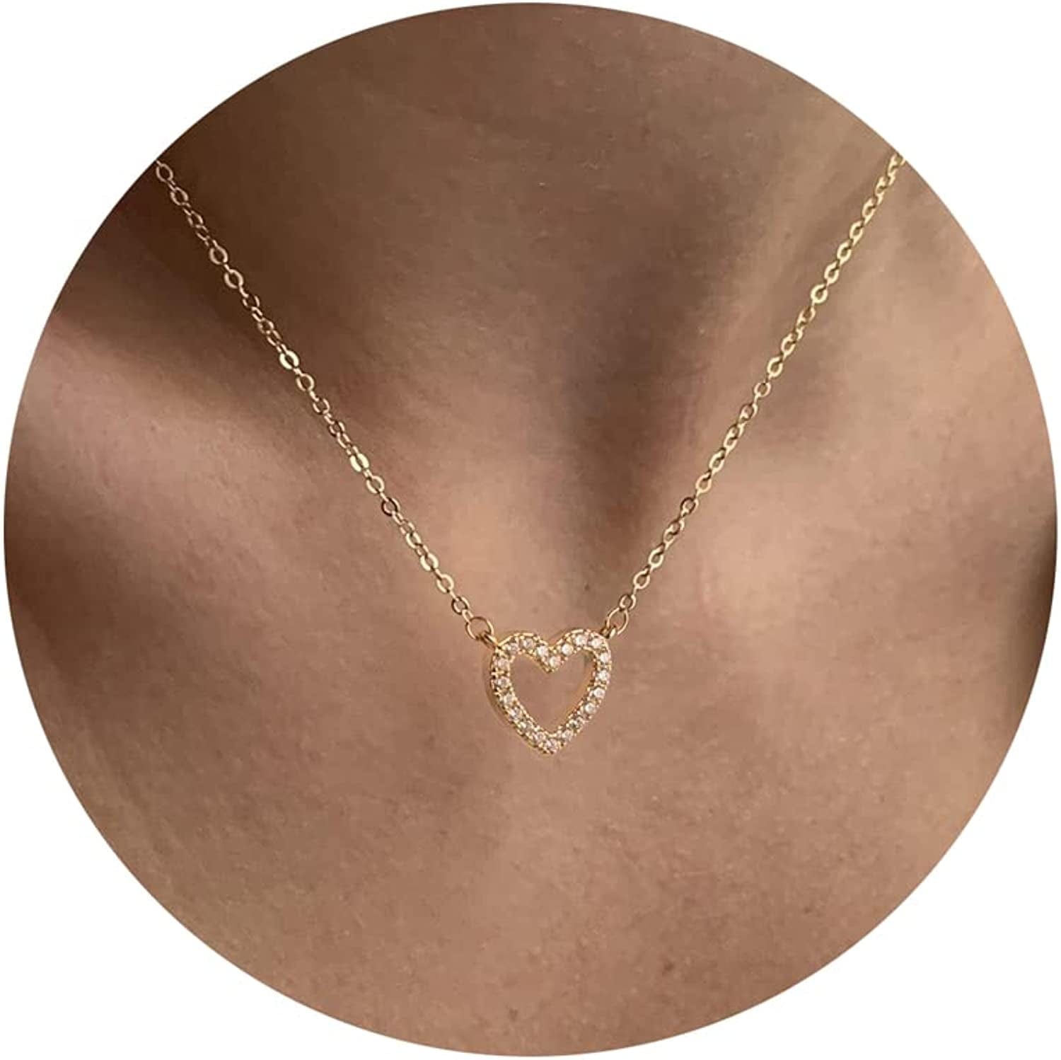 Cute Heart Necklace Tiny 14K Gold Heart Pendant Choker Necklaces Small Gold Love Open Heart Chain Necklace for Women Dainty Gold Necklace Gifts for Her CZ heart gold