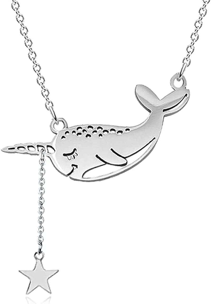 Cute Narwhal Whale of the Sea Fish Necklace Animal Jewelry Set for Women Girls Gift 18" Chain Narwhal + star