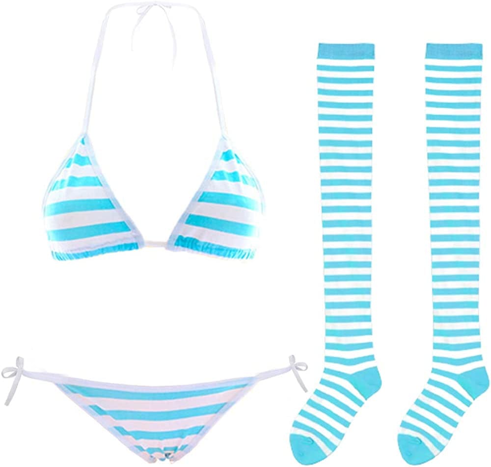 Cute Sexy Anime Lingerie Bra and Panty Set Lolita Cosplay Micro Underwear Suit Kawaii for Women Blue + Stripe High Socks