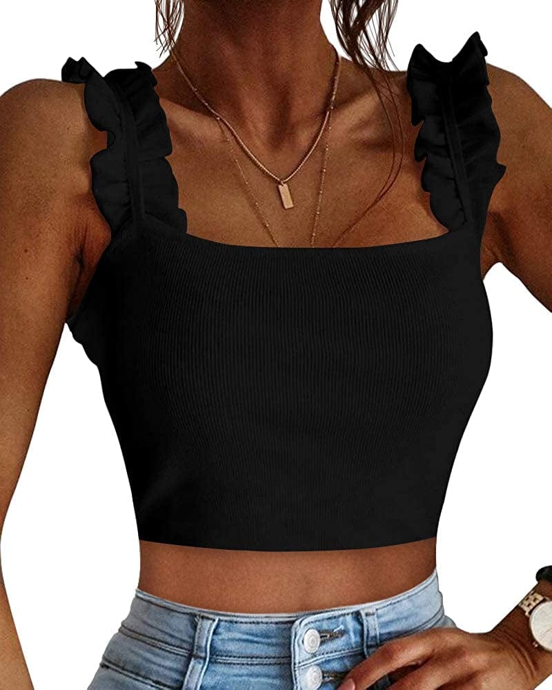 Cute Tank Tops for Women Ribbed Square Neck Ruffle Sleeve Tops for Women Cute Shirts Trendy Going Out Crop Tops 1-black / XX-Large
