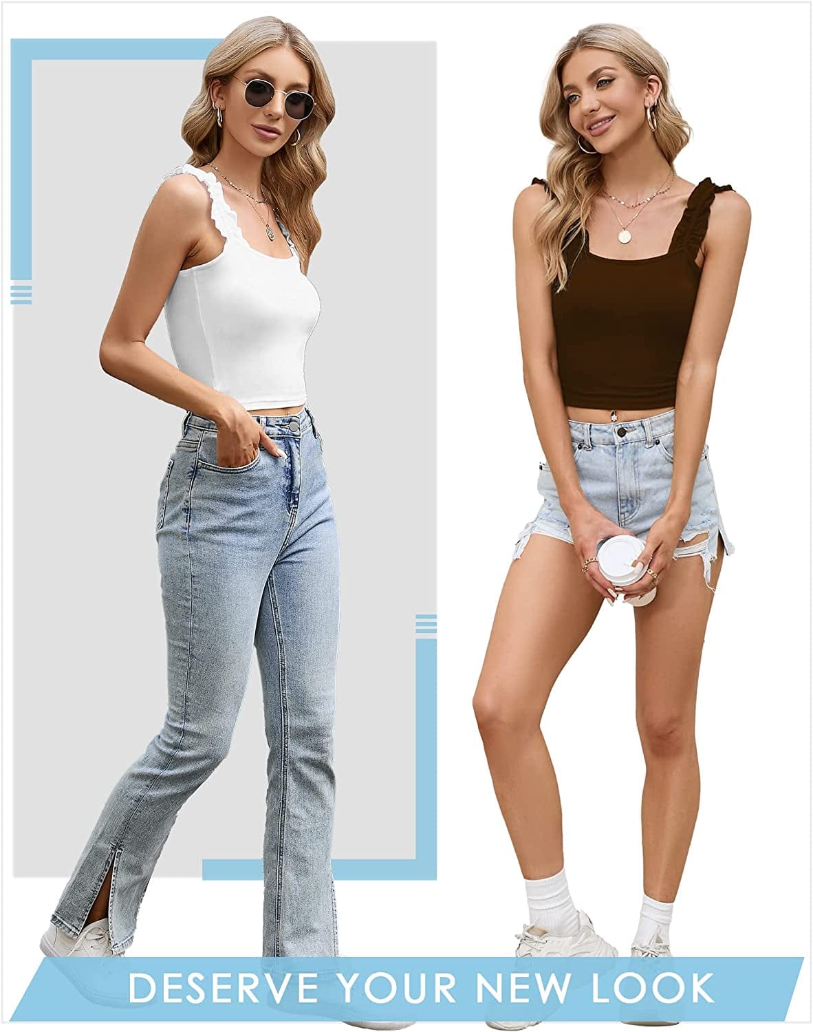 Cute Tank Tops for Women Ribbed Square Neck Ruffle Sleeve Tops for Women Cute Shirts Trendy Going Out Crop Tops