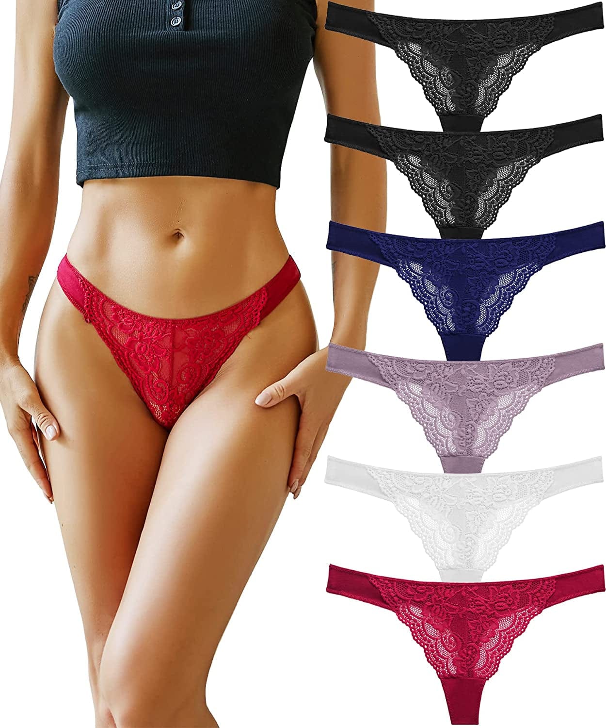 Cutebyte Cotton Thongs for Women Sexy Lace Thong Underwear T Back Breathable Low Rise Hipster Tangas Panties 6 Pack 6 Pack a / X-Large