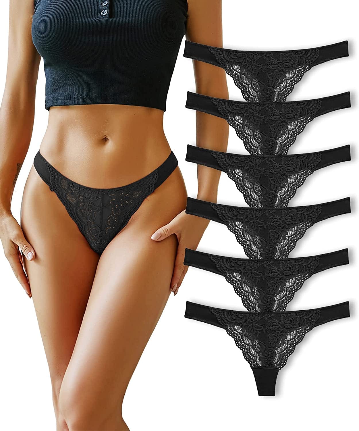 Cutebyte Cotton Thongs for Women Sexy Lace Thong Underwear T Back Breathable Low Rise Hipster Tangas Panties 6 Pack 6 Pack C / X-Large